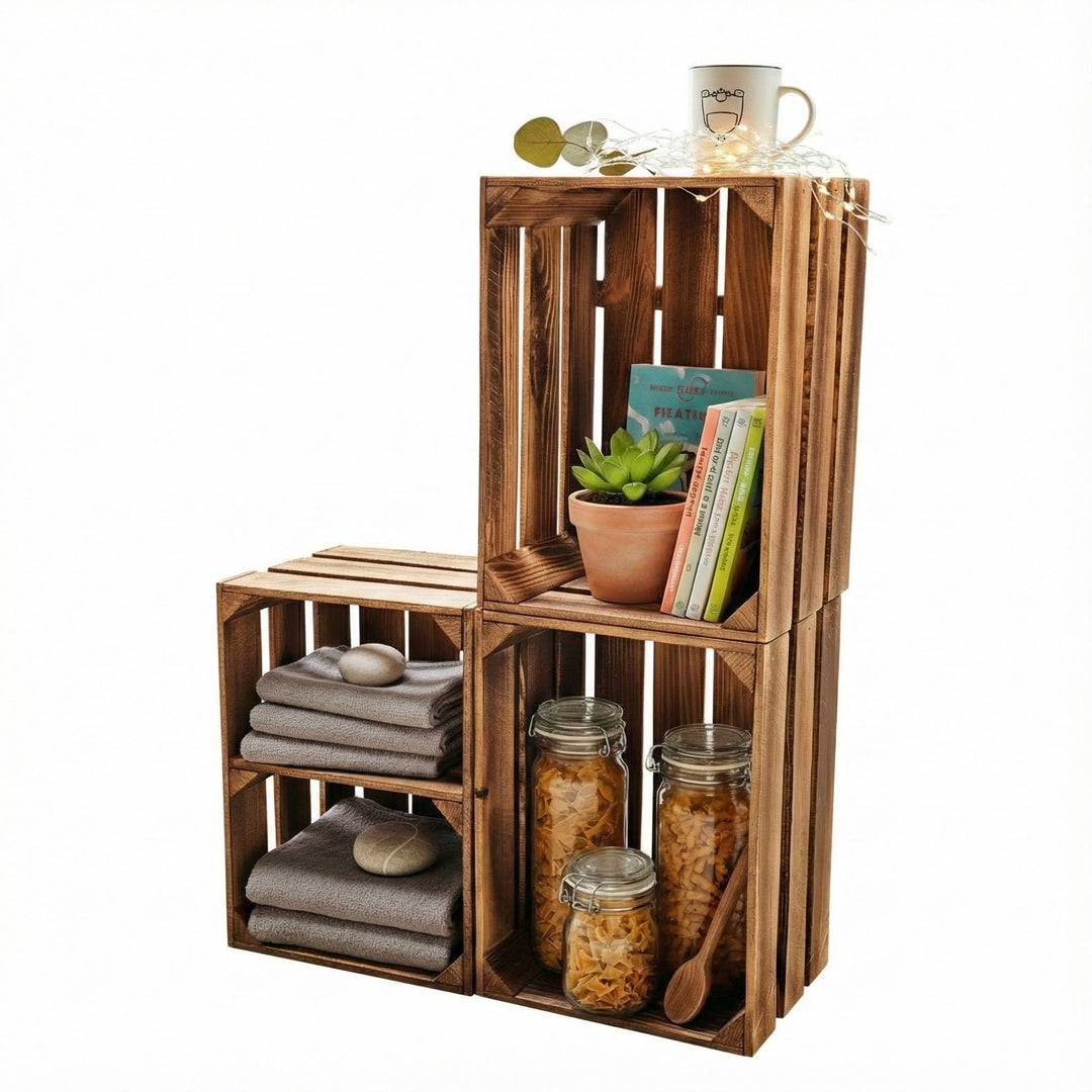 Teramico Vintage Holzkisten 40 x 30 x 25cm geflammt | Weinkisten &amp; Obstkisten | Set-Angebote (3er Se