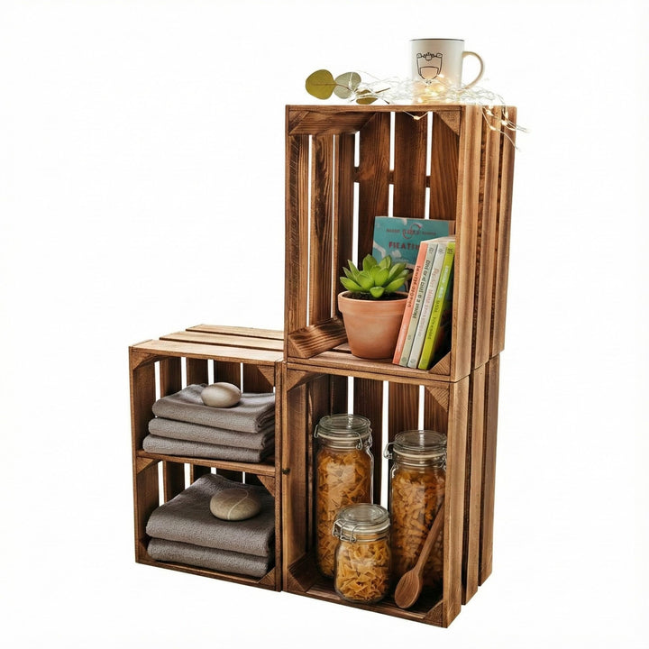 Teramico Vintage Holzkisten 40 x 30 x 25cm geflammt | Weinkisten &amp; Obstkisten | Set-Angebote (3er Se