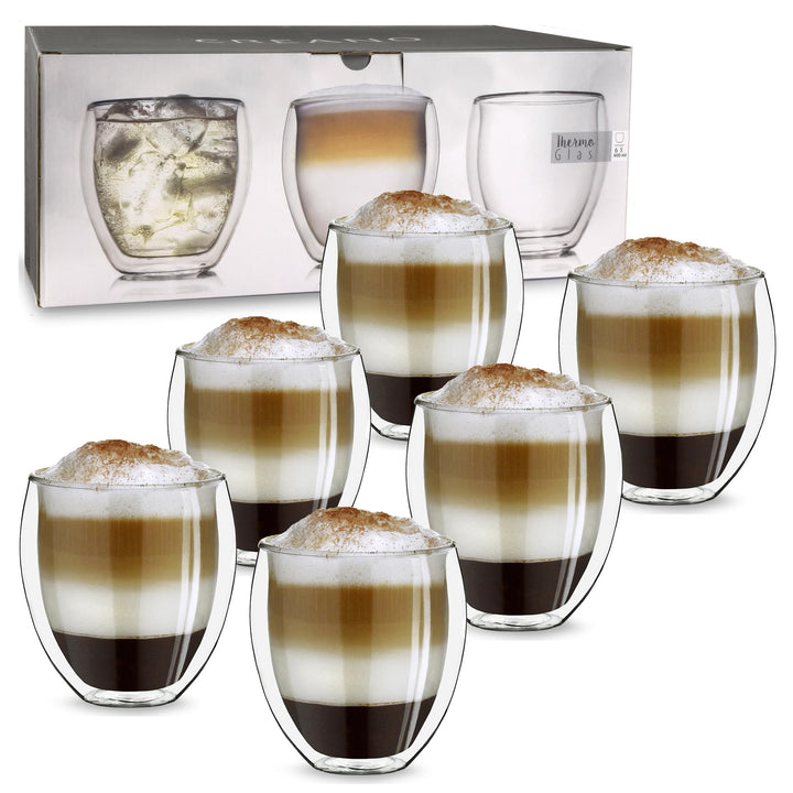 Creano doppelwandige Gläser 400ml „DG-Bauchig“, 6er Set, grosses Thermoglas doppelwandig aus Borosil
