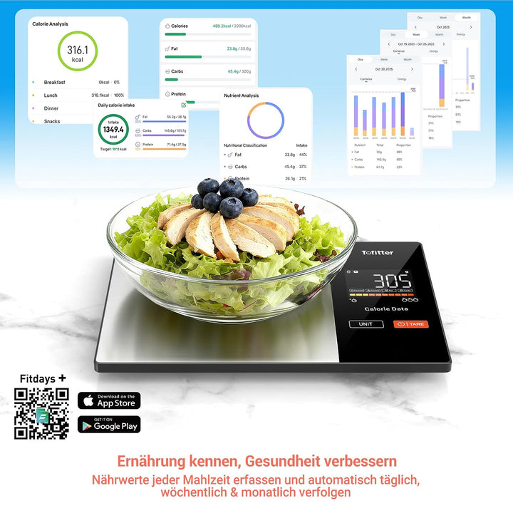 Smart Küchenwaage Bluetooth Ernährung Lebensmittelwaage mit kostenloser App Verfolgt 20 Nährstoffe&amp;K
