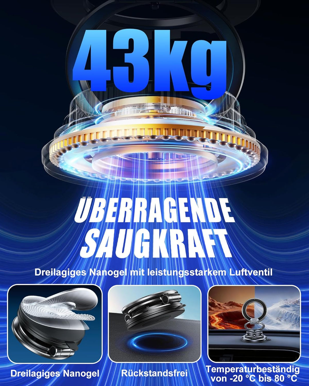 Glangeh Ganzmetall Ultradünne handyhalterung Auto Magnet, [95 LBS starker Vakuum- und Gel-Saugnapf]