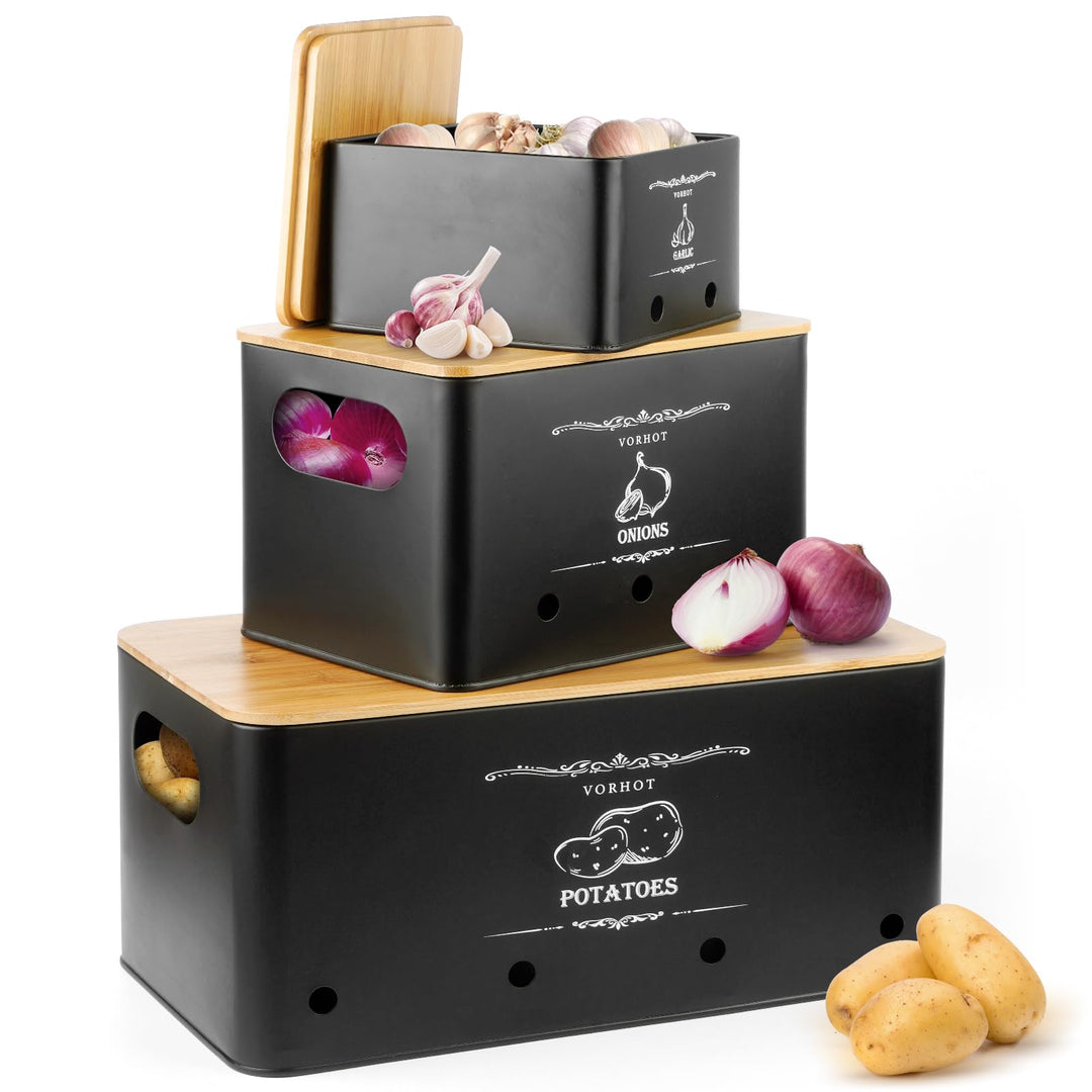 Kartoffel Aufbewahrungsbox, 3er Set Zwiebel Kartoffel Knoblauch Aufbewahrung, Kartoffelbox mit Decke
