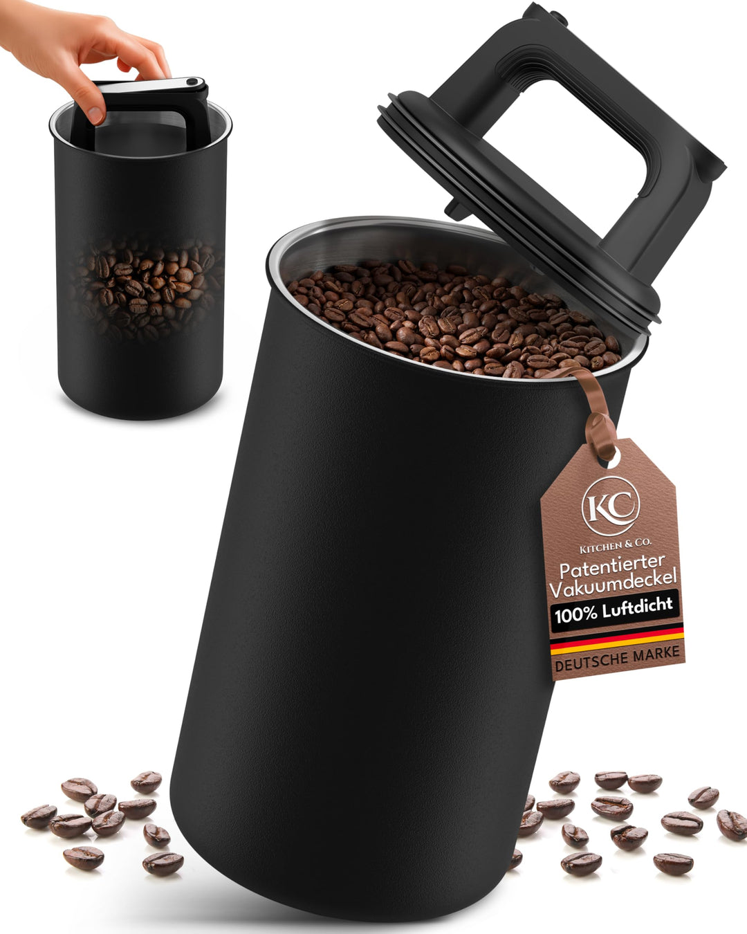 KC Kitchen & Co. Kaffeedose luftdicht für 500 g Kaffeebohnen – Edelstahl Vorratsdose mit Vakuumdecke