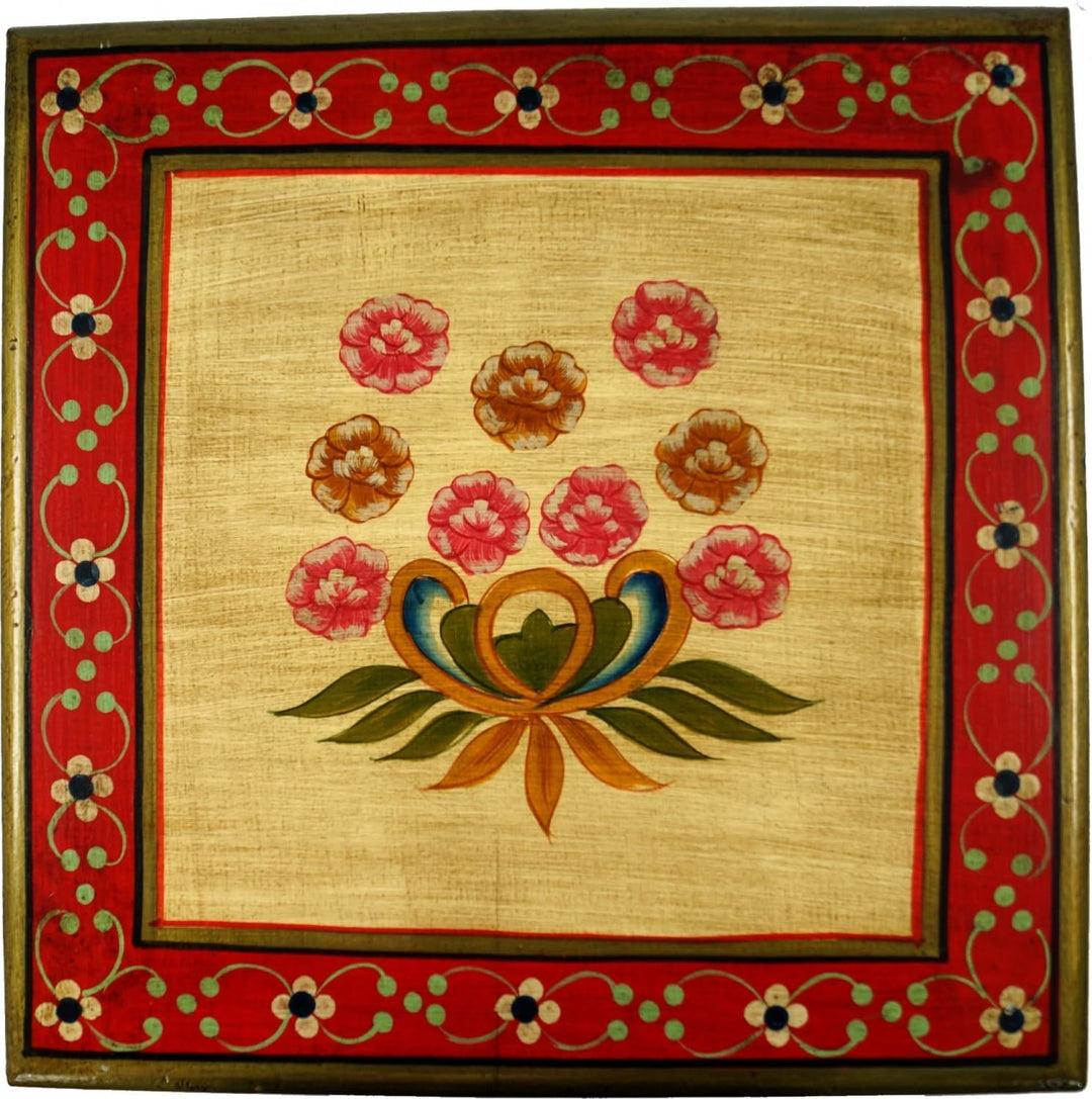GURU SHOP Bemalter Kleiner Tisch, Minitisch, Blumenbank - Blümchen Gelb/rot, 16x38x38 cm, Kaffeetisc