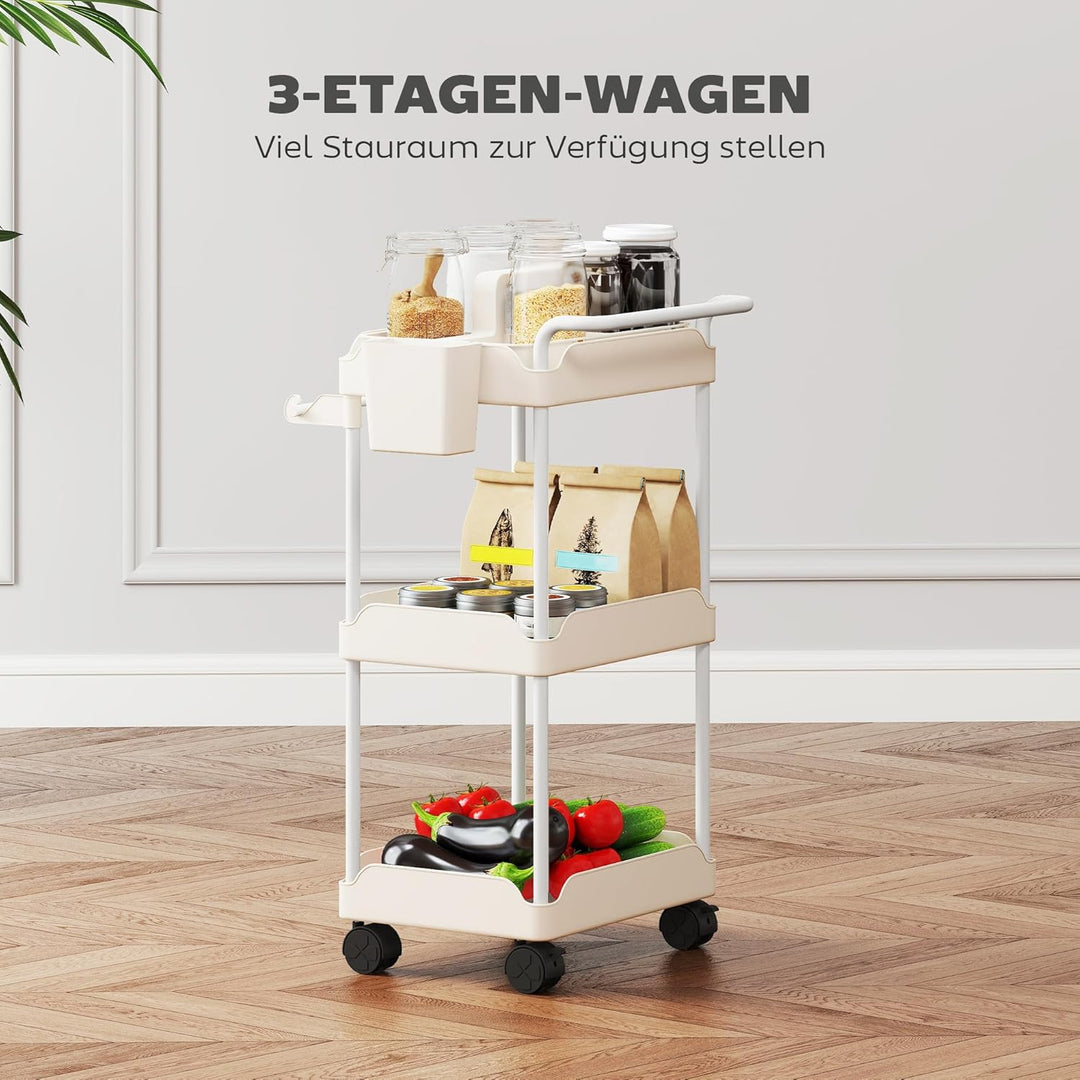 HOMCOM Küchenwagen Rollwagen mit 3 Ebenen Servierwagen mit hängenden Körben, Tuchhalter, Küchenregal