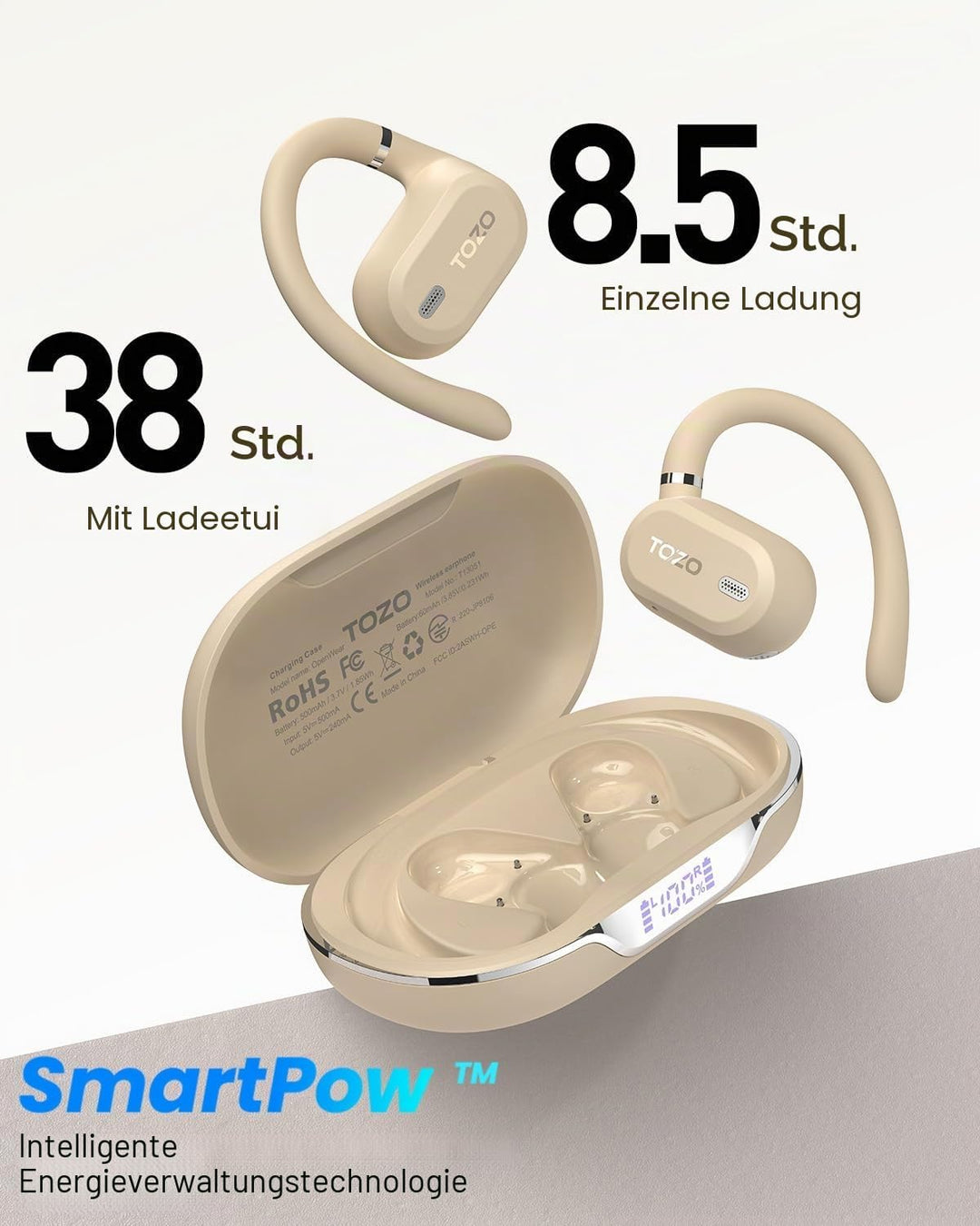 TOZO OpenWear Kabellose Bluetooth-Kopfhörer, ENC-Anrufe, 14,2mm Treiber, 38 Std Wiedergabe,LED-Anzei
