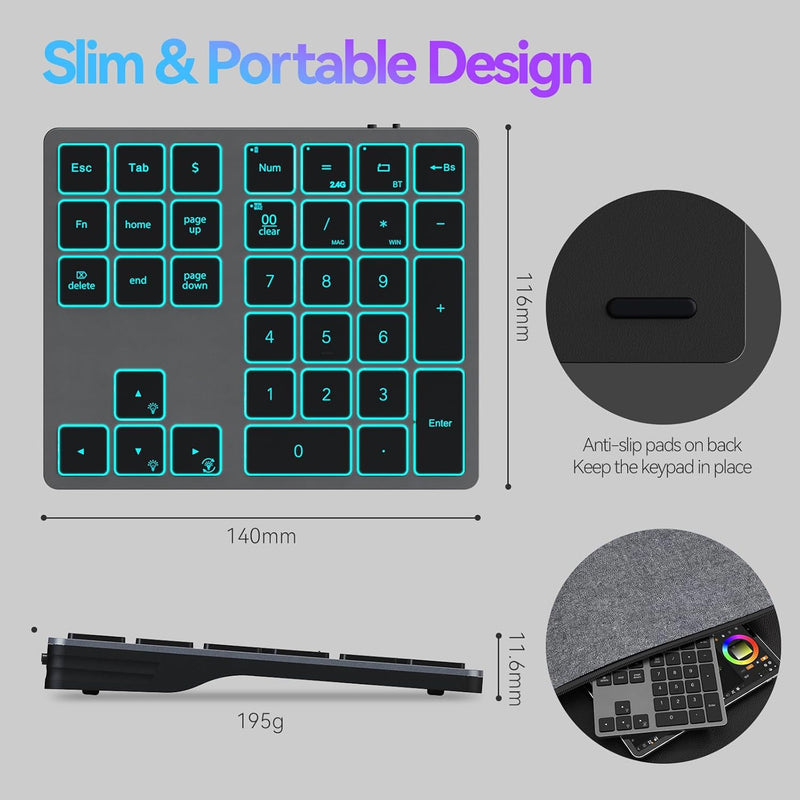 Doohoeek Bluetooth& 2.4G Nummernblock mit Hintergrundbeleuchtung für Laptops und Computer, Dual Mode