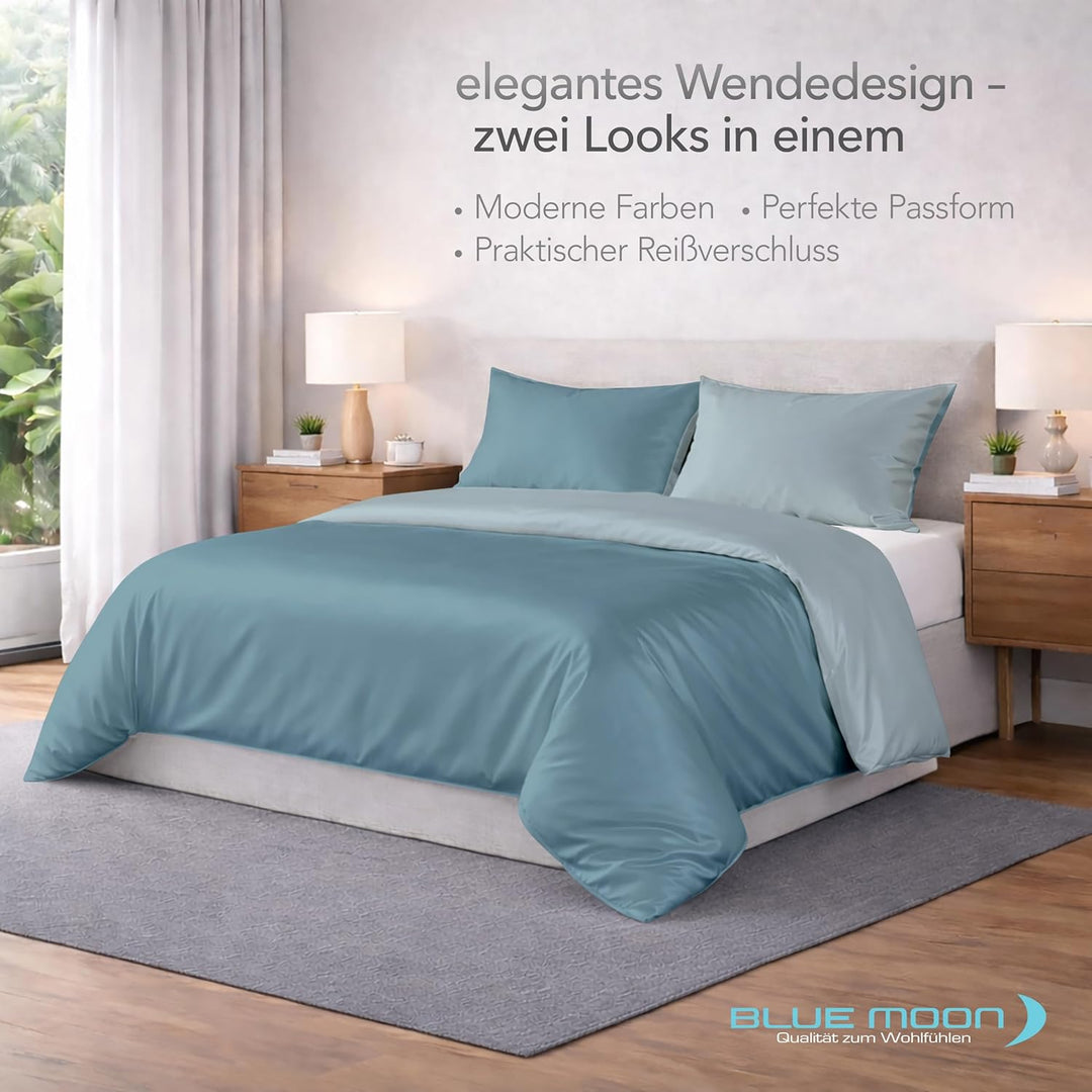 BLUE MOON Premium Bettwäsche 135x200 cm Satin 100% Baumwolle Wendebettwäsche - Made in EU - 1x Bettb