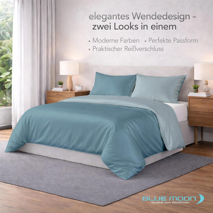 BLUE MOON Premium Bettwäsche 135x200 cm Satin 100% Baumwolle Wendebettwäsche - Made in EU - 1x Bettb