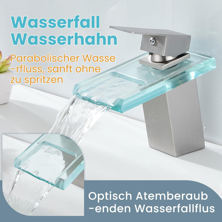 Wasserhahn Bad,Wasserfall Armatur Badezimmer Glas,Einhand-Waschtischarmatur,Gebürstet, Gebürstet