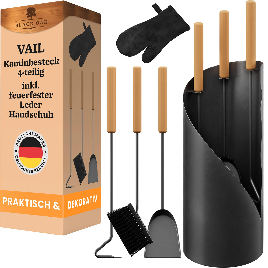 BLACK OAK Kaminbesteck VAIL 4-teilig mit Lederhandschuh - modernes Ofenbesteck Set schwarz mit Holzg