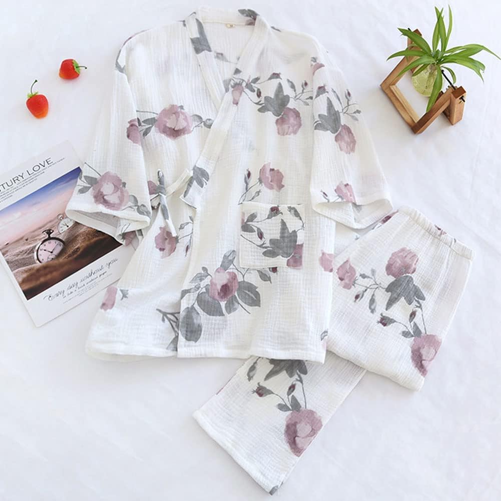 OWLONLINE Weicher, Reiner Pyjama aus Baumwollkrepp für Damen, japanischer Kimono-Pyjama, Grösse L-C3
