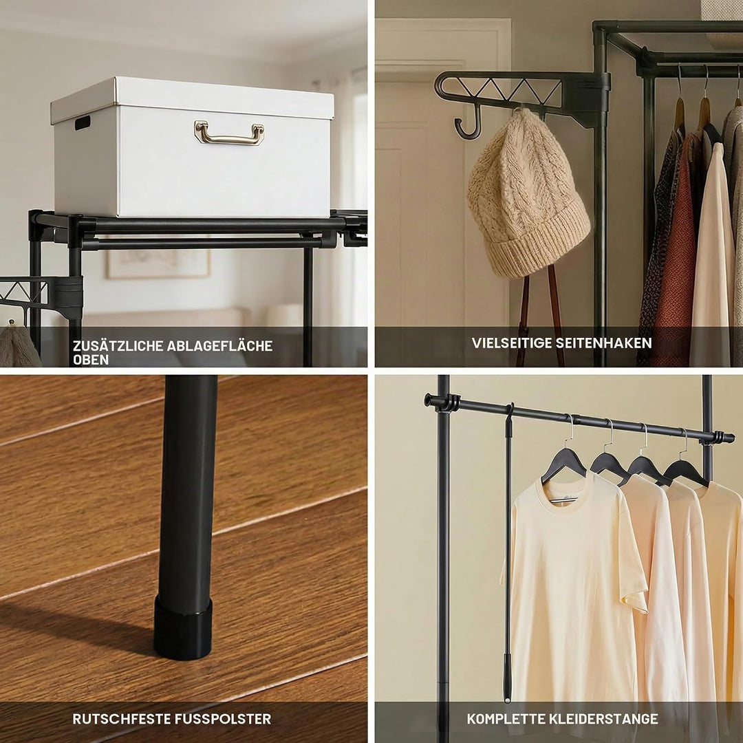 Kleiderständer 4 Ebenen, Offener Kleiderschrank mit Kleiderstange und Ablagen, Freistehender Kleider