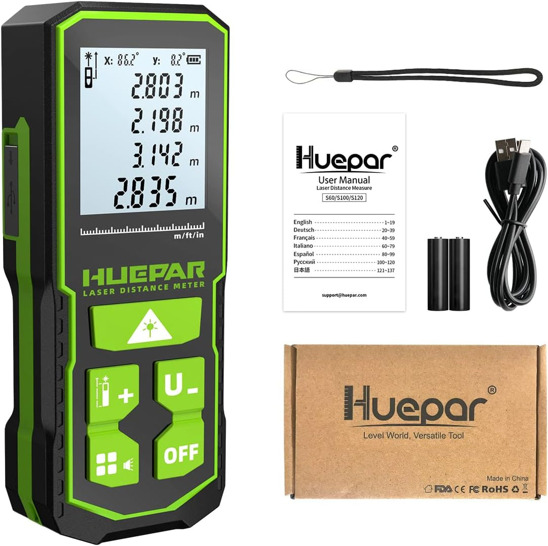 Huepar Laserdistometer 393Ft(120M) mit wiederaufladbaren Akku und Doppelwinkel–Display, Lasermessung