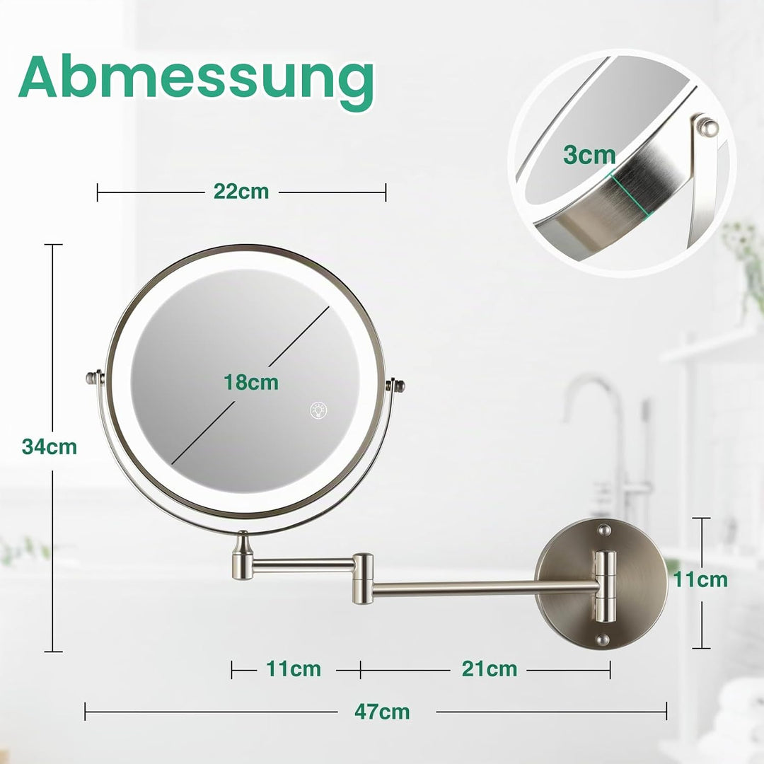 Aufladbarer Wandmontiertes Make-up Spiegel in gepoliertem Nickel, mit Beleuchtung, zweiseitig 1X/10X