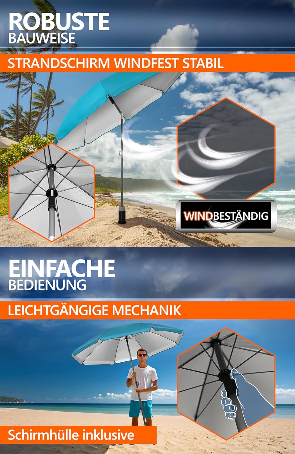 4smile Sonnenschirm Strand SunnyJoy, Türkis - UPF 50+ Strandschirm Ø 200 cm, sicherer Sonnenschutz S