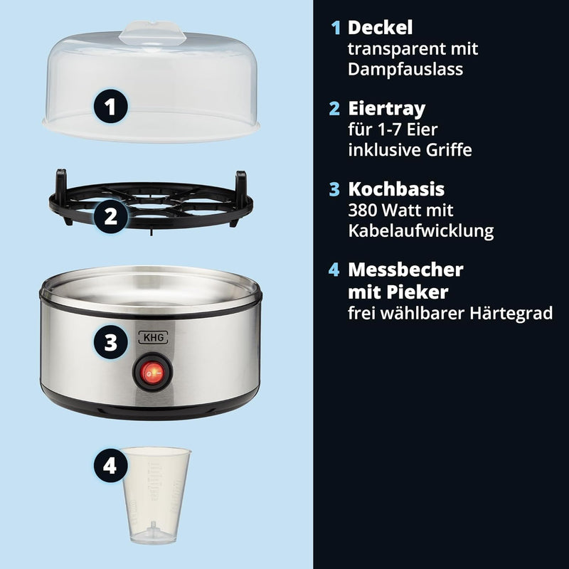 KHG Eierkocher Edelstahl Modern | 1 Ei - 7 Eier | Messbecher mit Eipick | 380 Watt Edelstahlheizplat