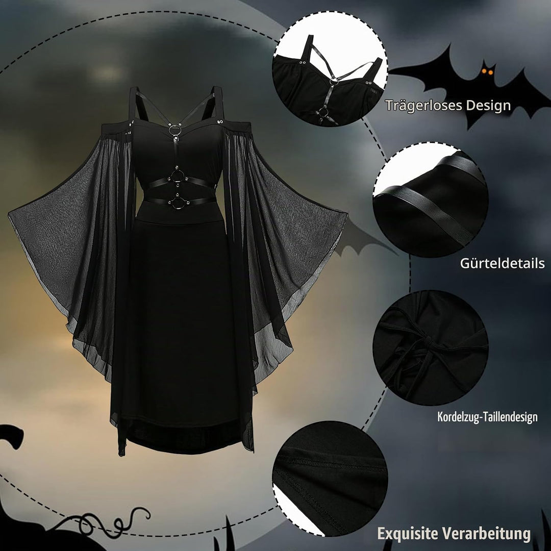 CNVAUIE Renaissance Kostüm Frauen Mittelalterliches Kleid mit Trompetenärmel Gotisch Maxikleid Karne