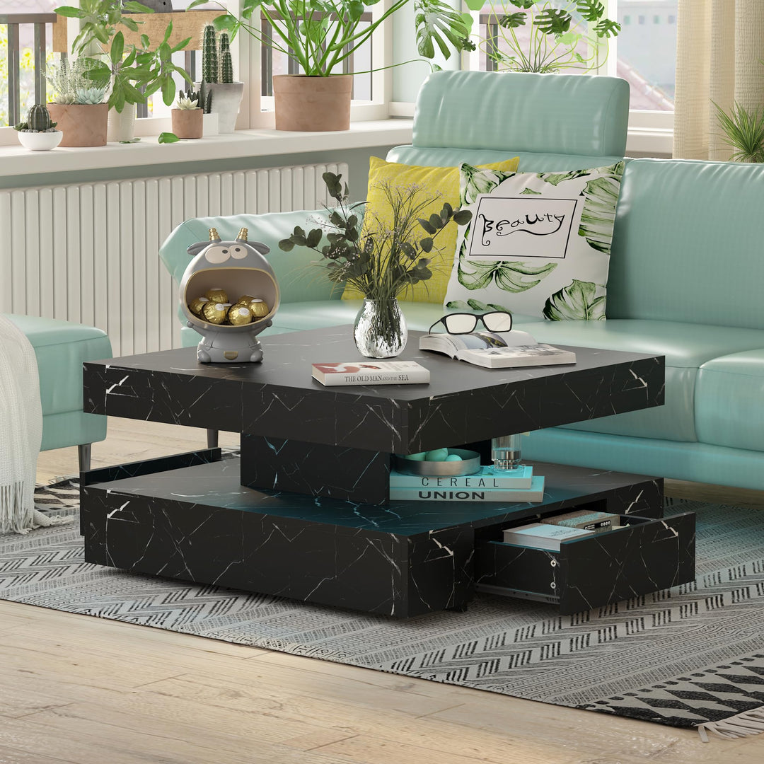 KEEPREAPER Couchtisch LED, Wohnzimmertisch mit 2 Schubladen für Wohnzimmer 78 x 78 x 40cm (Schwarz M