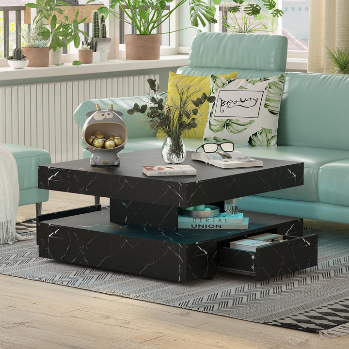 KEEPREAPER Couchtisch LED, Wohnzimmertisch mit 2 Schubladen für Wohnzimmer 78 x 78 x 40cm (Schwarz M