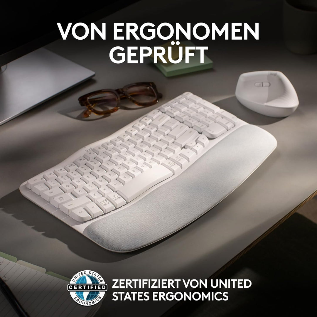Logitech Wave Keys kabellose ergonomische Tastatur, gepolsterte Handballenauflage, komfortables natü