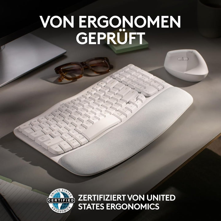 Logitech Wave Keys kabellose ergonomische Tastatur, gepolsterte Handballenauflage, komfortables natü