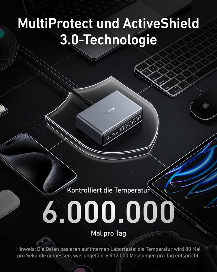 Anker Prime Ladegerät, 200W 6 Anschlüsse GaN Ladestation, USB-C PD Desktop Ladegerät mit Schnell-Lad