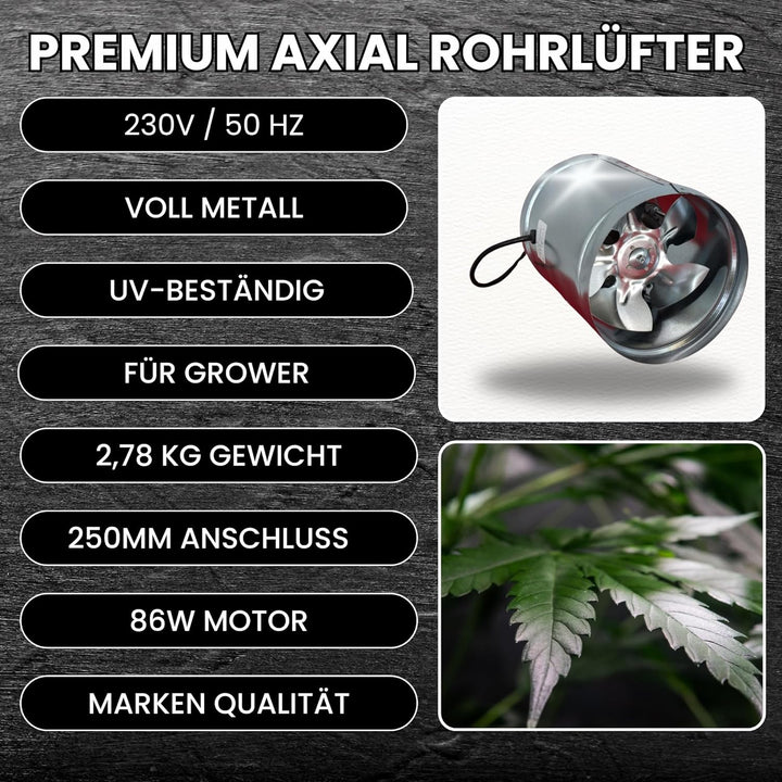 TronicXL 250mm Premium Industrie Axial Rohrlüfter Metall Grow Abluftventilator für Growroom Grower A