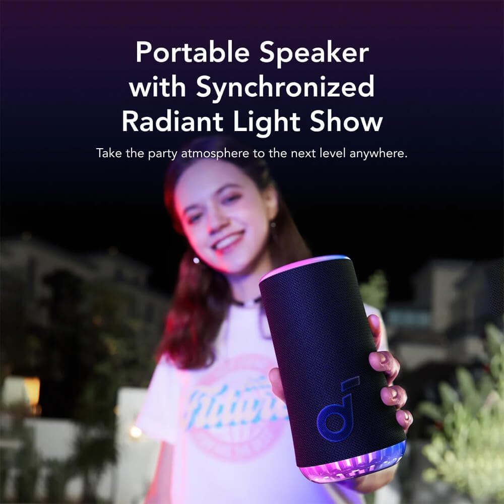 soundcore Glow Mobiler Lautsprecher mit 30W 360° Rundum-Sound, Synchronisierte Lichtstrahlen, 18h Wi