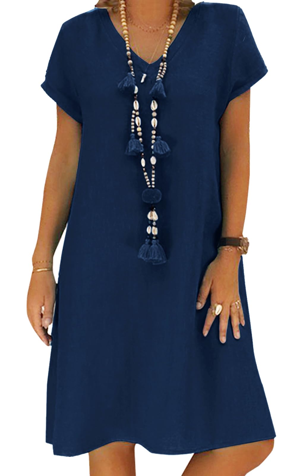 Sommerkleid Damen Leinen Kleider Casual V-Ausschnitt Midikleid Kurzarm A-Linie Kleid Strandkleid Ohn