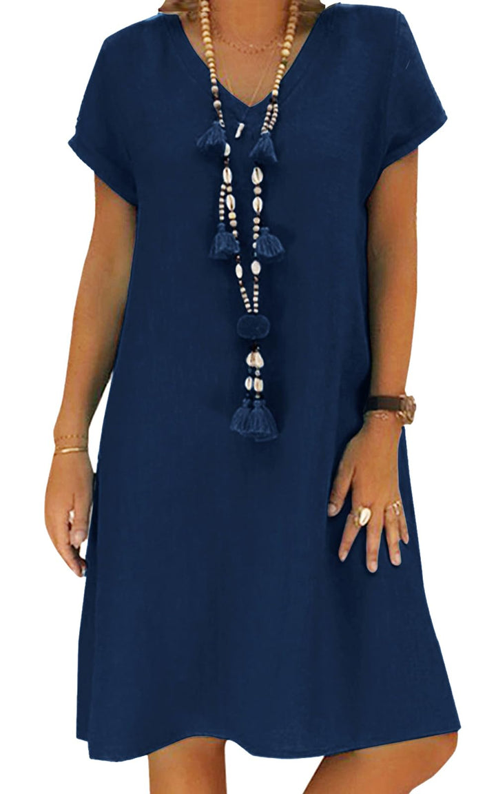 Sommerkleid Damen Leinen Kleider Casual V-Ausschnitt Midikleid Kurzarm A-Linie Kleid Strandkleid Ohn