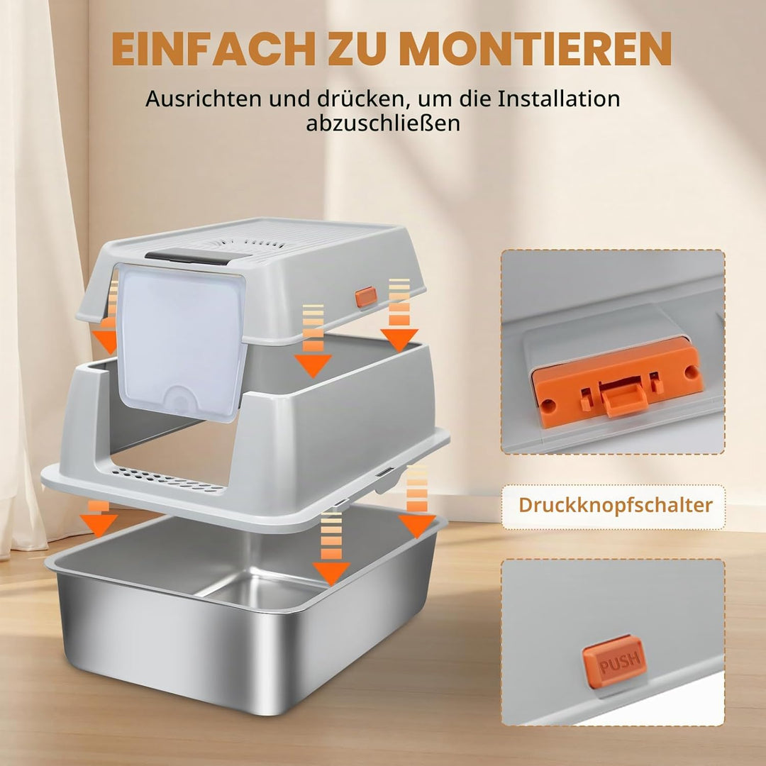 Edelstahl Katzenklo XXL 37L – Geschlossene Katzentoilette für grosse Katzen, mit 120° Klappdeckel, T