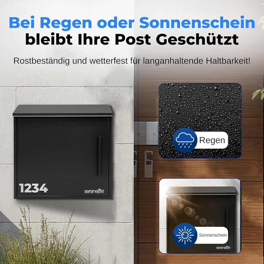SereneLife Briefkasten Anthrazit – A4 Einwurf, 35x37x11,5cm, mit Schloss & 2 Schlüsseln, Wetterfest