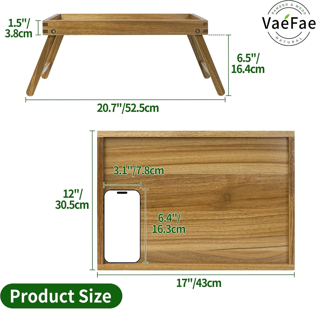 VaeFae Akazien-Betttisch-Tablett, Frühstückstablett aus Holz mit klappbaren Beinen, Betttablett für