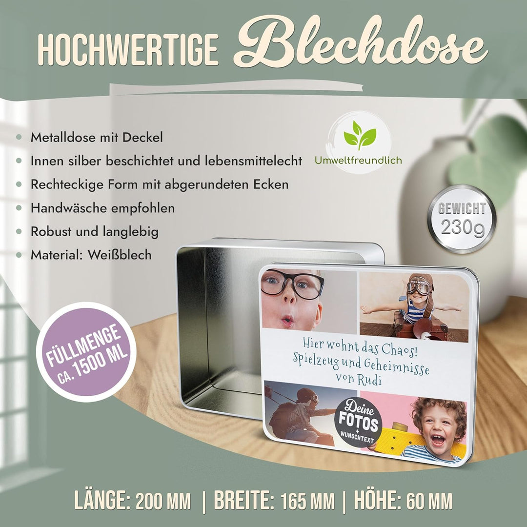 Print Royal PR Geschenkdose selbst gestalten mit 4 Fotos & 3 Zeilen Text - Blechdose bedrucken, Pers