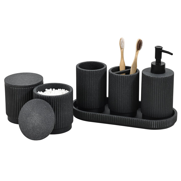 Badezimmer Set 6-TLG | Seifenspender + Zahnputzbecher mit Tablett & Wattestäbchenbox | Design Streif