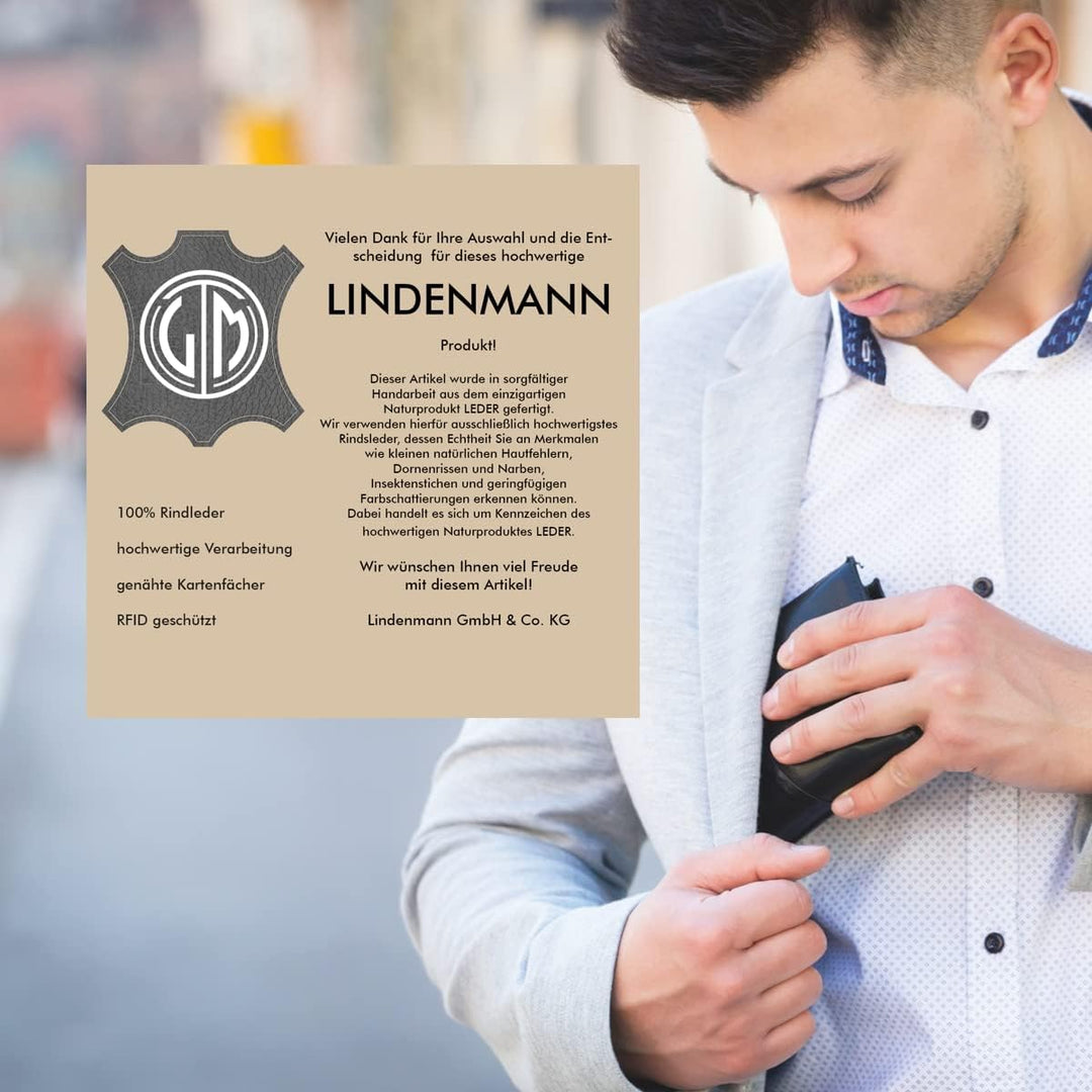 LINDENMANN Geldbörse Herren Portemonnaie Herren Leder, Rindleder matt, RFID-Schutz, cognac