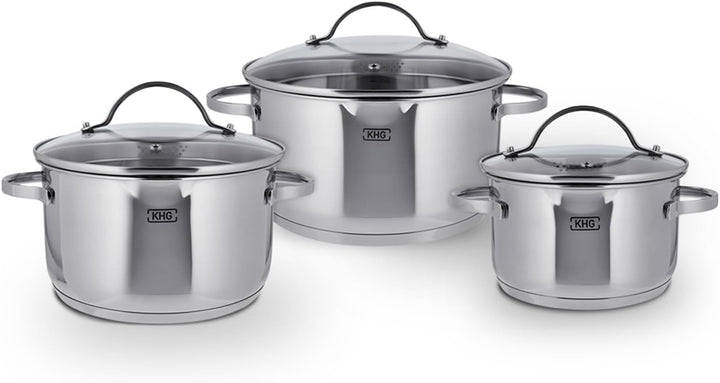 KHG Topfset 3 teilig Induktionstöpfe Edelstahl Rostfrei - 16 cm 20 cm 24 cm mit Ausguss Innenskalier