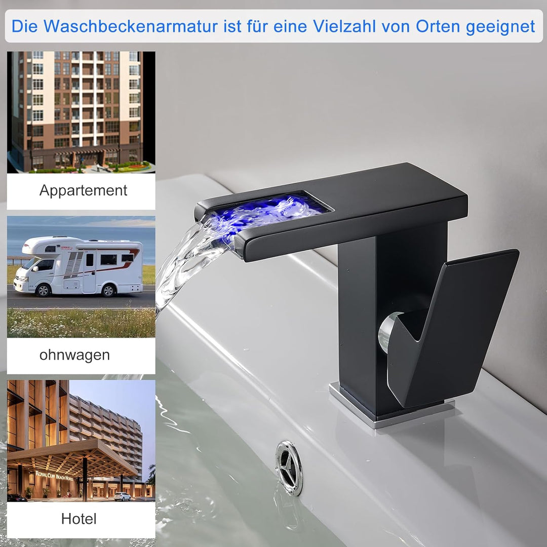 KEOKBON LED Lichter Bad Wasserhahn Schwarz, Farbtemperatur Wasserfall Waschtischarmatur, 3 Farbe Was