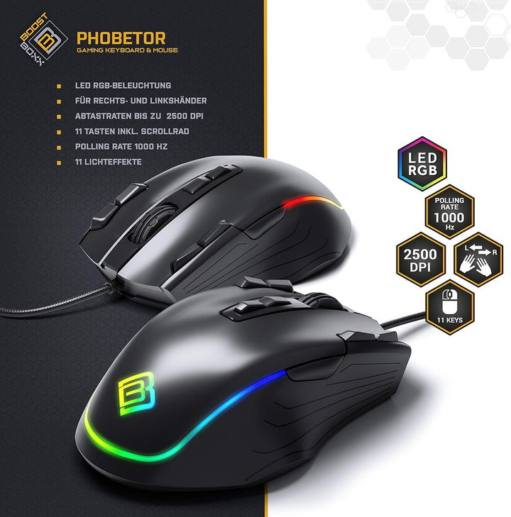 BoostBoxx Phobetor - Gaming Tastatur & Maus Set mit RGB-Beleuchtung - QWERTZ-Tastatur mit programmie