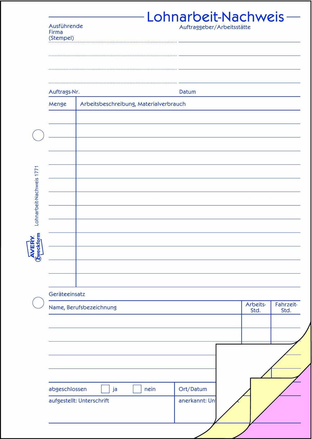 AVERY Zweckform 1773-5 Stunden-Nachweis (A4, selbstdurchschreibend, 2x40 Blatt) 5er Pack weiss/gelb
