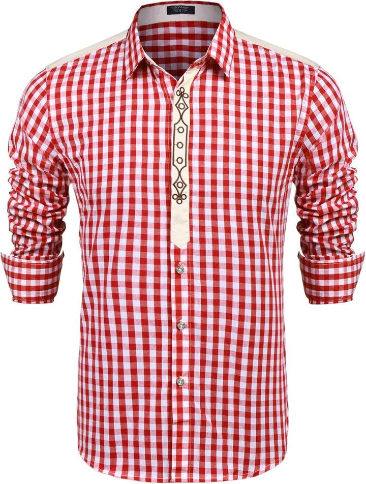COOFANDY Herren Langarm Trachtenhemd Karriert Oktoberfest Hemd Regular Fit Karohemd Freizeithemd Pla