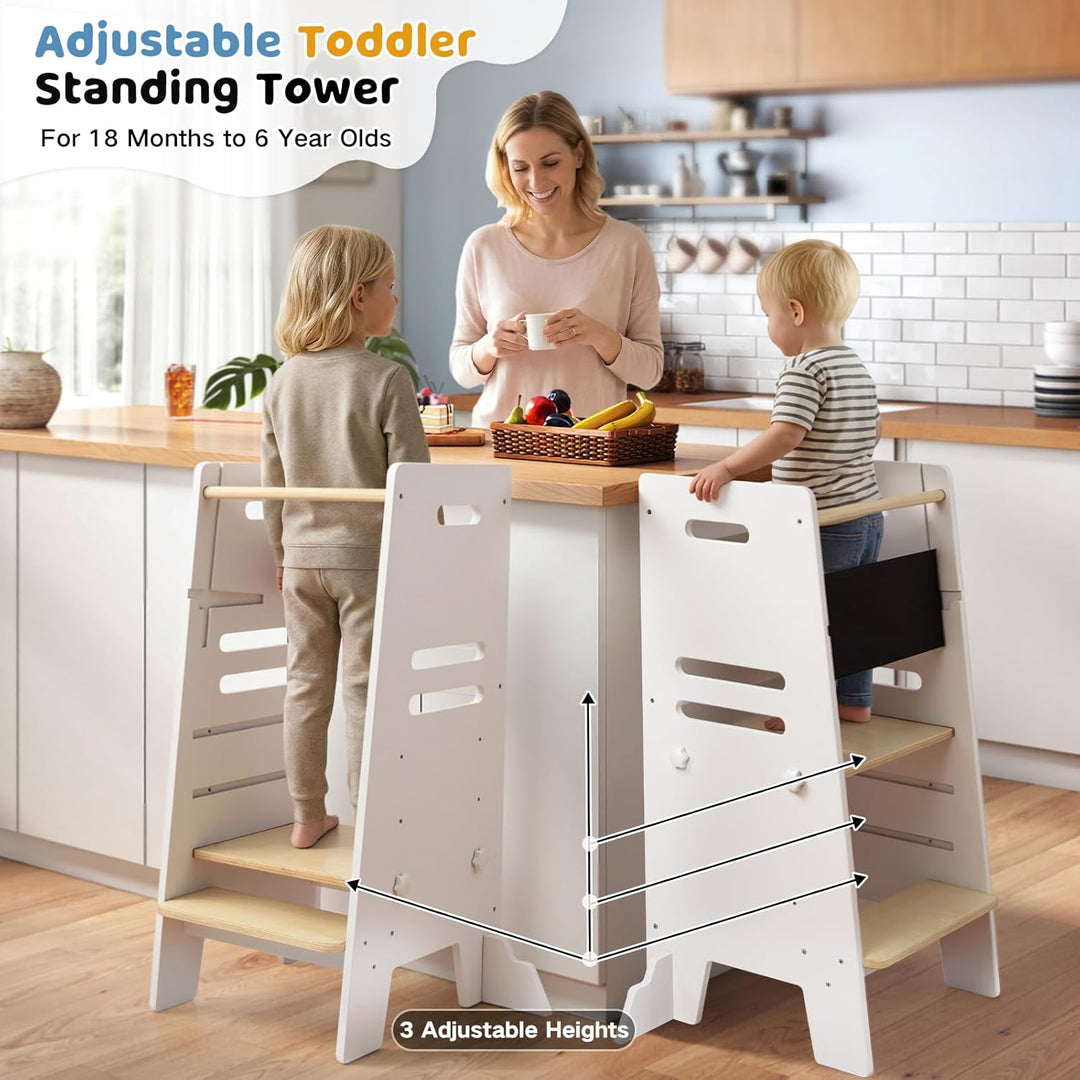 Labebe Montessori Lernturm ab 1 Jahr, 3-in-1 Learning Tower mit Tafel & Sitzbrett, 3-Fach höhenverst