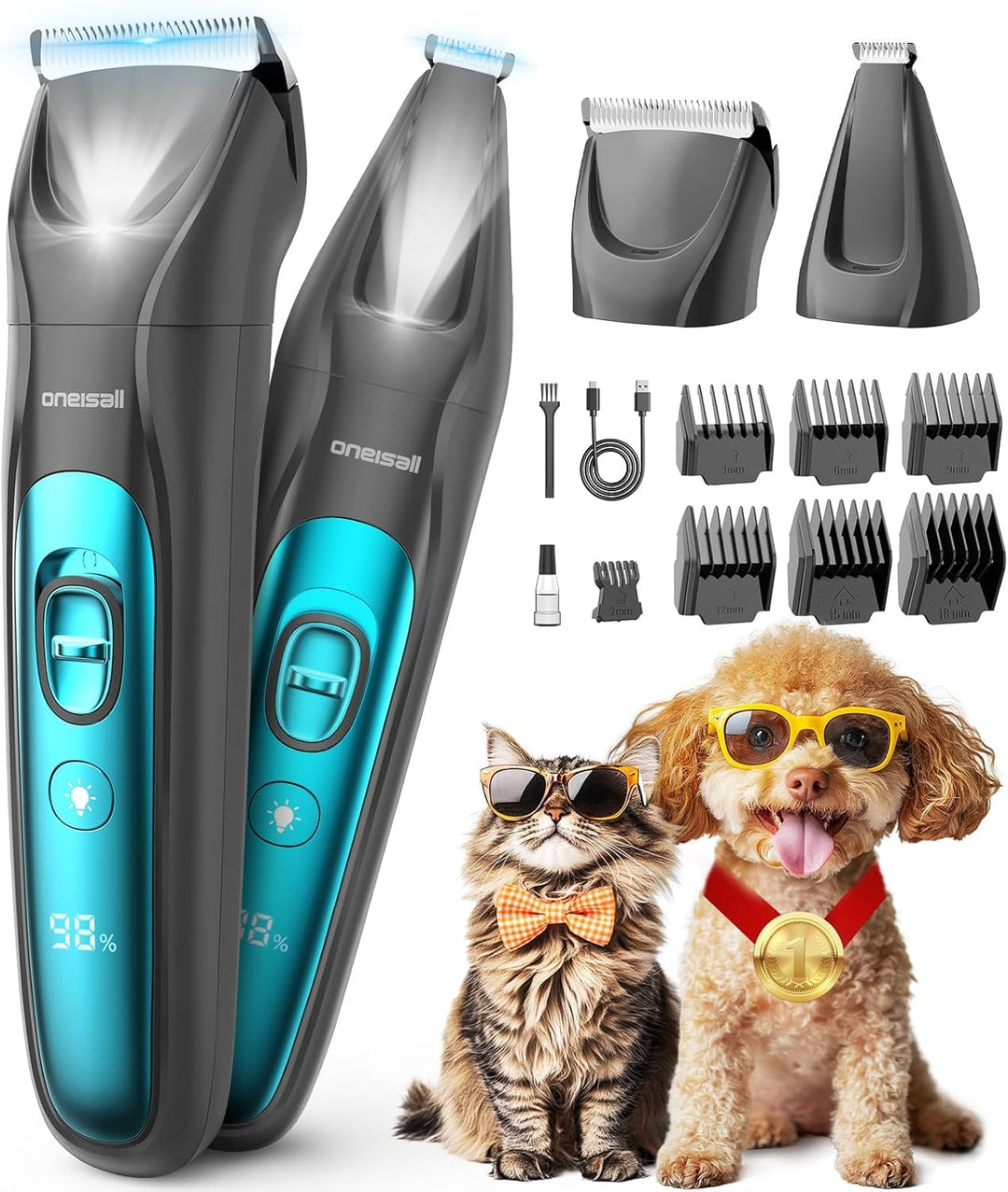 oneisall 2-in-1 Hundeschermaschine & Pfotentrimmer mit LED, Schermaschine Hunde Katze Extra Leise, W