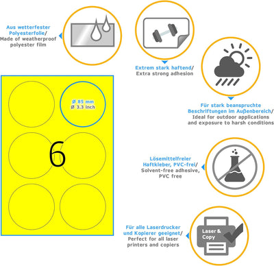 HERMA 8035 Wetterfeste Folienetiketten rund, 25 Blatt, Ø 85 mm, 6 Stück pro A4 Bogen, 150 Aufkleber,