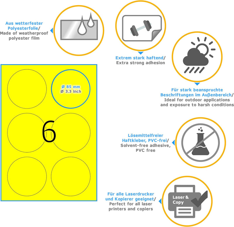 HERMA 8035 Wetterfeste Folienetiketten rund, 25 Blatt, Ø 85 mm, 6 Stück pro A4 Bogen, 150 Aufkleber,
