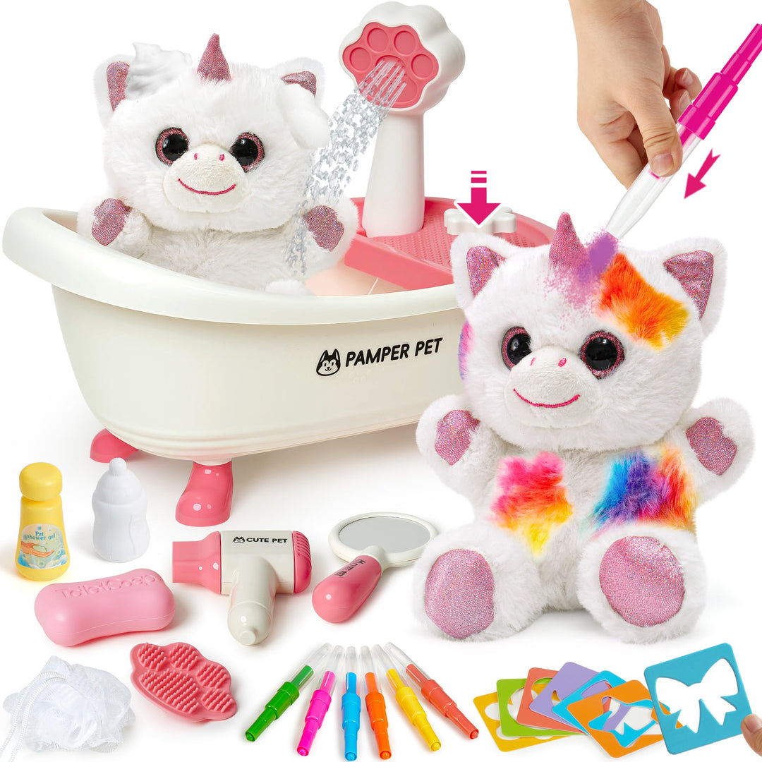 Einhorn Geschenke für Mädchen, Spielzeug Einhorn Kuscheltier mit Drück-Wasser-Badewanne & Waschbaren