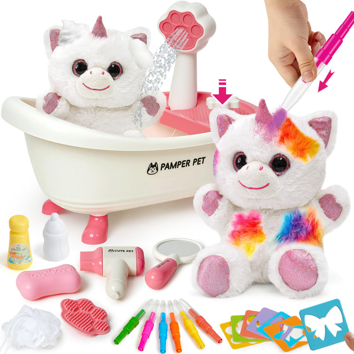Einhorn Geschenke für Mädchen, Spielzeug Einhorn Kuscheltier mit Drück-Wasser-Badewanne & Waschbaren