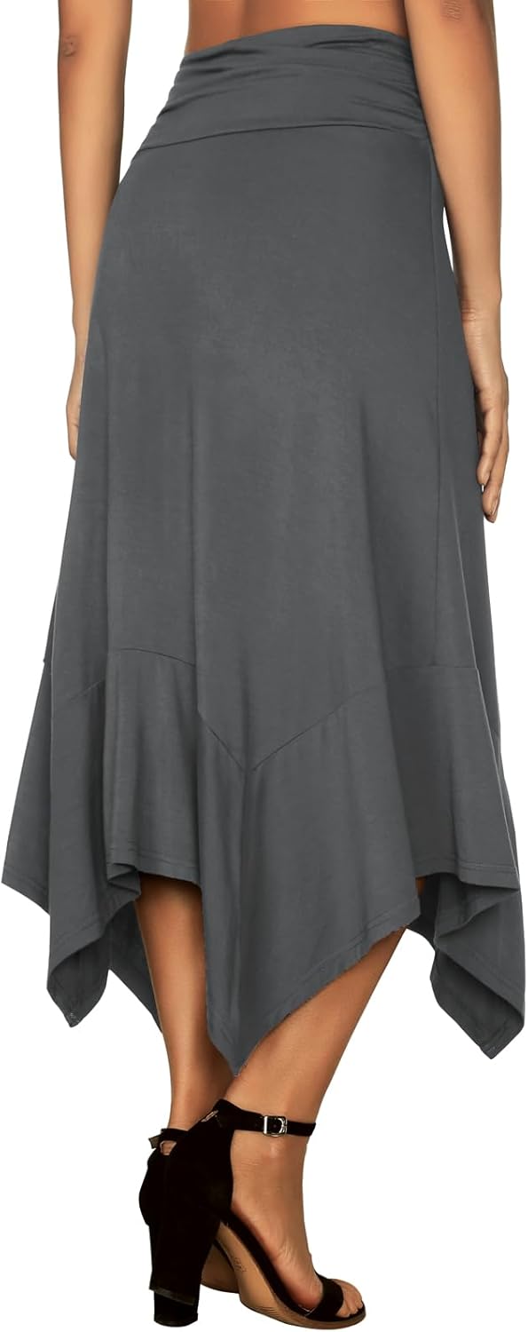 DJT Damen Elastisch Plissierte Taille Elegant Rock A-Linie Faltenrock Midi Rock mit Taschentuch Saum