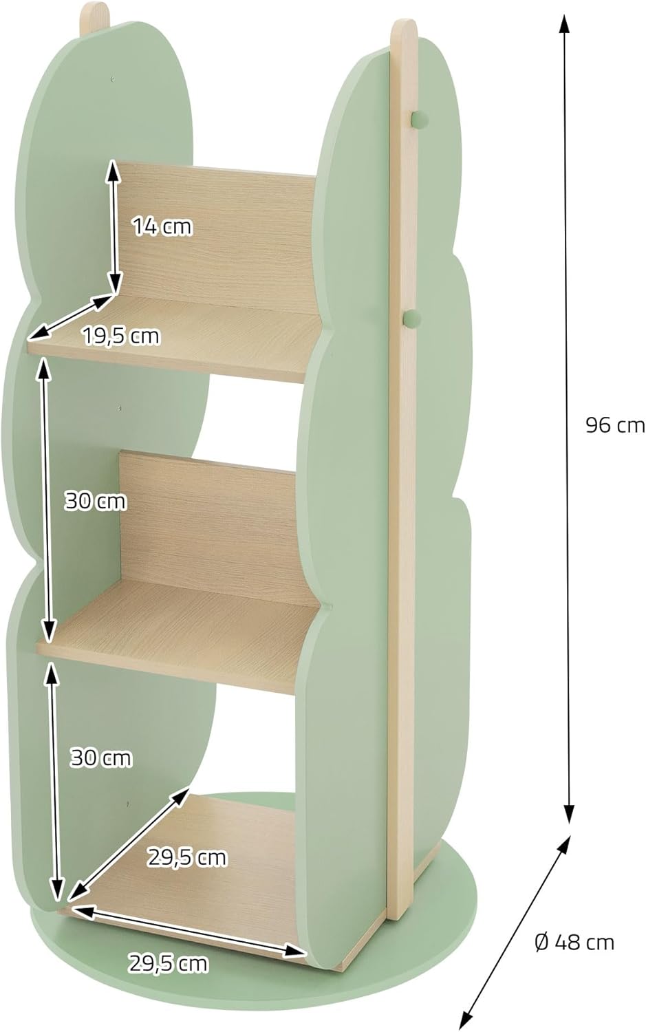 Joyz Bücherregal Kinder Baum-Form, Ø 48 x 96 cm, Grün-Natur, 2 Seitiges Kinderregal aus Holz mit 5 R